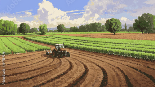Crimson Tilling A red tractor is plowing the field isolated watercolor vector illustration svg