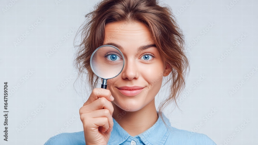 Smiling woman looking through a magnifying glass, focusing on detail Smiling woman looking through a magnifying glass, focusing on detail