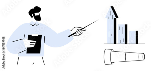 Man using pointer to explain bar graph with upward trend while holding clipboard next to telescope. Ideal for leadership, business growth, strategy, analysis, forecasting, planning, and simple