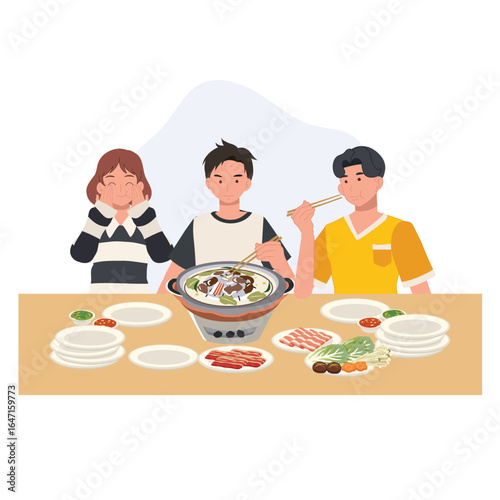 friends enjoying moo kratha thai bbq hot pot meal with grilled meat vegetables and sauces around a shared tabletop grill