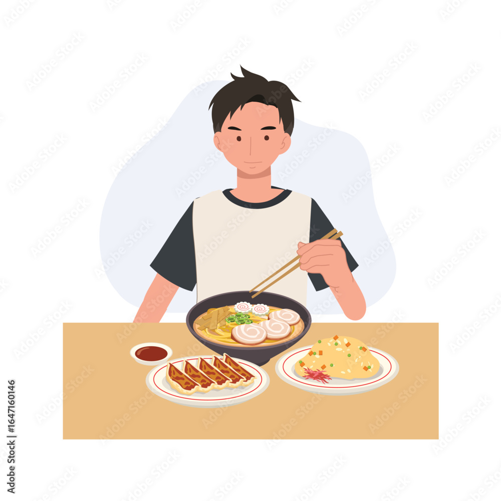 man enjoying ramen noodles with pork chashu gyoza dumplings and fried rice using chopsticks in a japanese restaurant setting man enjoying ramen noodles with pork chashu gyoza dumplings and fried rice using chopsticks in a japanese restaurant setting