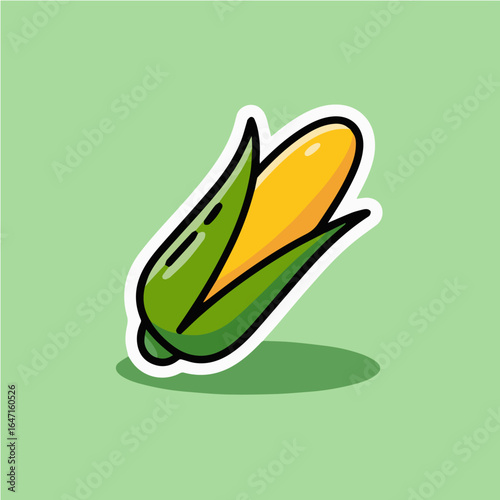 Cartoon illustration of an ear of corn with green leaves on a light green background vector image