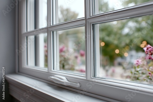 A close-up of a UPVC window frame  highlighting its white finish  muntin bars  and a soft  blurred garden view in the background.