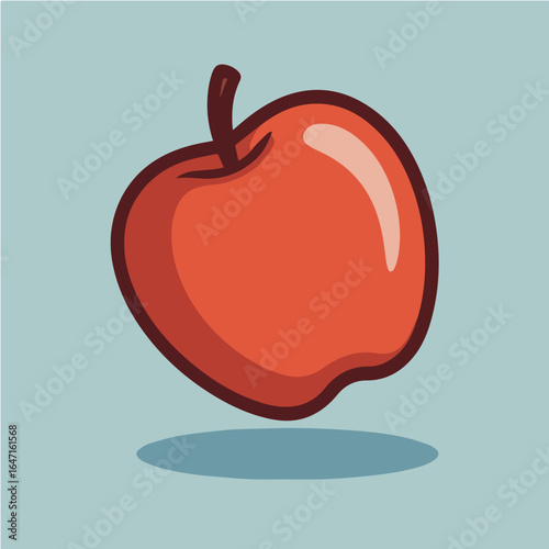 Illustration of a red apple with brown stem and outline on a light blue background with shadow