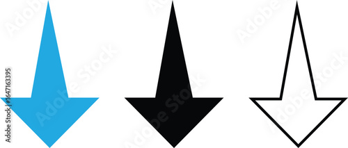 Long pointed arrow down icon, blue vector for download, file saving, navigation, software transfer, isolated on white background