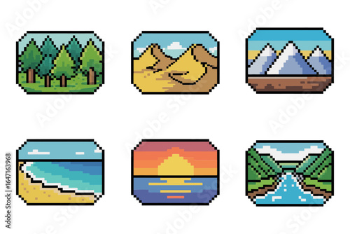 Pixel landscape badge icon set, 8 bit scenery vector, beach sunset mountain river desert, retro game style, sprite sheet elements