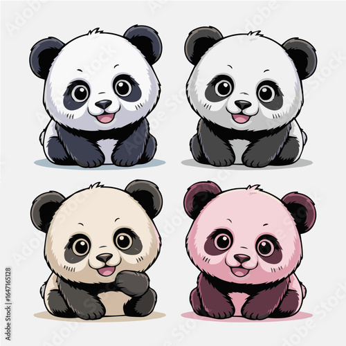 Four cartoon panda bears with different color variations sitting on a white background together cute