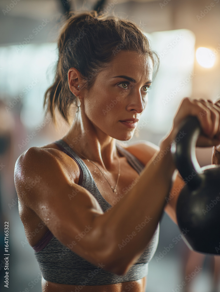 Fototapeta premium A Woman Doing Kettlebell Swings In A Bright Gym.