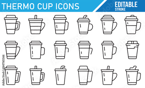 Editable stroke icons of thermal cups for coffee, tea, and other hot beverages.