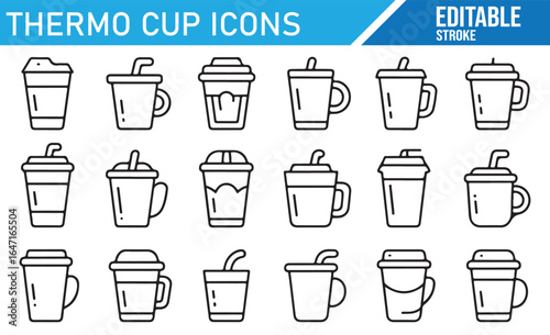 Icon set showing various thermal cup designs, perfect for hot beverages on the go.