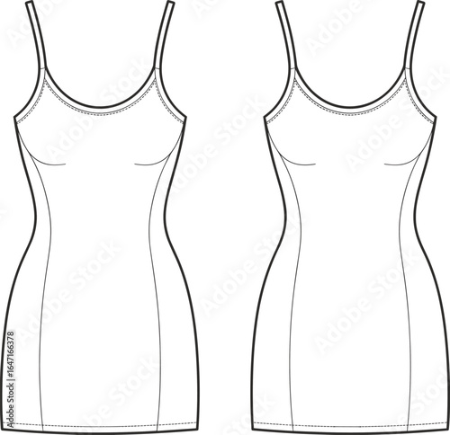 Women’s bodycon dress flat sketch, vector CAD technical drawing, front and back view, sleeveless tight dress fashion illustration