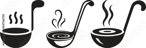 Three stylized black ladles with steaming soup on a white background