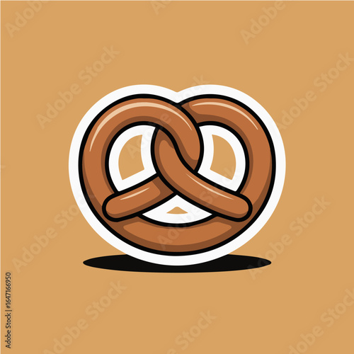 A cartoon pretzel with a white outline on a tan background casting a shadow below the pretzel shape
