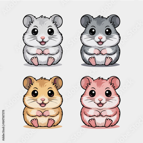 Four cartoon hamsters sitting with different colors on a white background illustration art