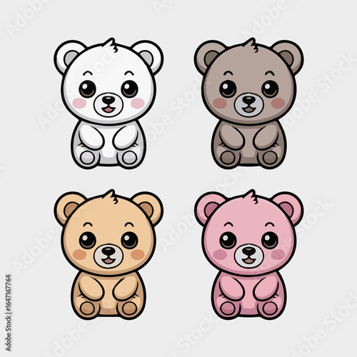 Four cartoon bears in various colors sitting next to each other on a plain white background illustration