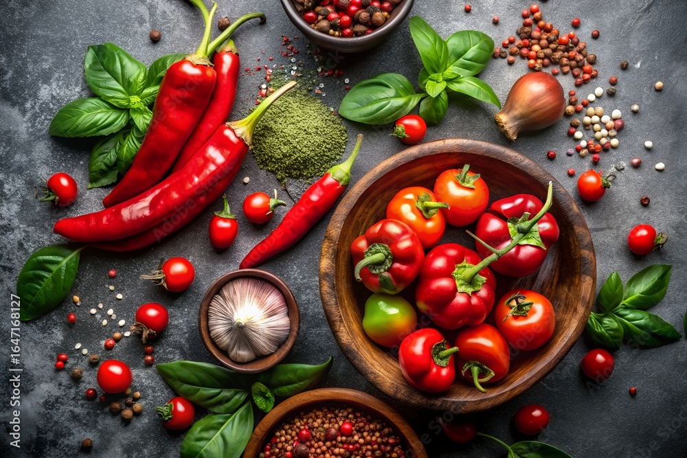 A vibrant flat lay of fresh vegetables and spices on a dark rustic table, showcasing a colorful array of ingredients for healthy and flavorful cooking A vibrant flat lay of fresh vegetables and spices on a dark rustic table, showcasing a colorful array of ingredients for healthy and flavorful cooking