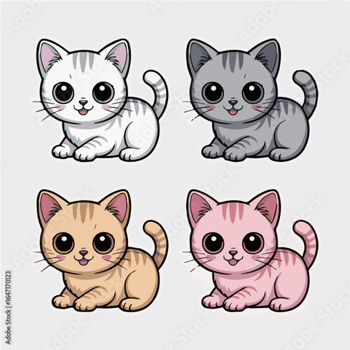 Four cute cartoon kittens sitting with big eyes and small tongues in white gray tan and pink colors