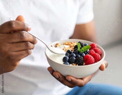 Man Eating Yogurt Parfait With Granola and Berries