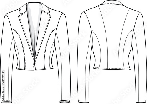 Women’s cropped blazer front and back flat sketch, tailored jacket design, fashion cad drawing, vector template, technical garment illustration