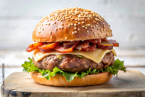 A beef burger with bacon against a light background in a sesame seed bun