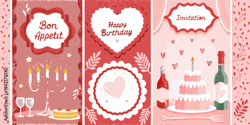 Festive celebration cards with cake candles and drinks