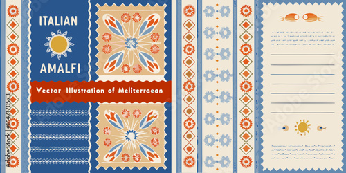 Amalfi coast italian mediterranean design with sun and fish motifs