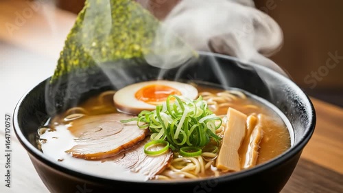 Steaming Bowl of Japanese Ramen with Egg, Pork, and Seaweed Close Up