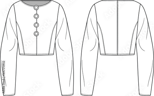 Front button cropped long sleeve jacket, fashion cad design, vector technical sketch, women’s top garment, clothing illustration, flat drawing