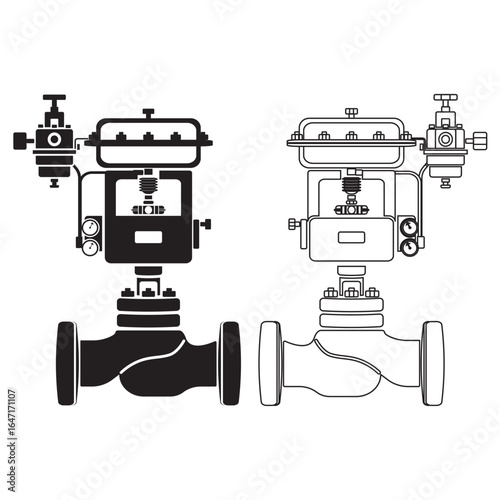 Detailed vector of industrial control valve in silhouette and outline style, perfect for engineering diagrams, mechanical equipment visuals, and process automation graphics.