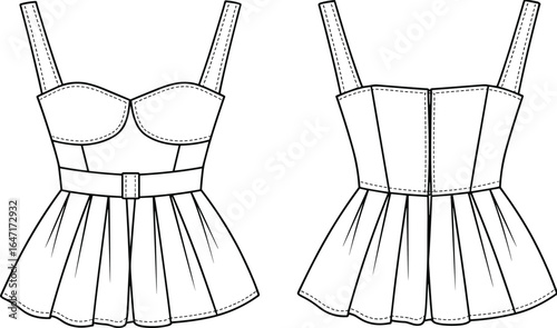 Women’s pleated bustier top with belt, front and back views, sleeveless fitted bodice, flared waist, vector CAD flat sketch illustration