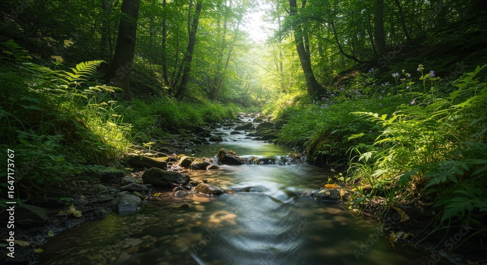 Obraz premium Serene Forest Stream Flowing Through Lush Greenery.