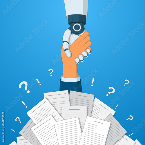 Helping hand of robot with AI to a person. Concept of freeing a person from routine tasks with the help of artificial intelligence. Vector illustration.
