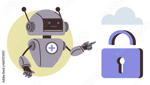 Animated robot pointing at a large padlock near a cloud, emphasizing secure storage and digital safety. Ideal for cybersecurity, AI, data protection, technology, innovation, automation, simple
