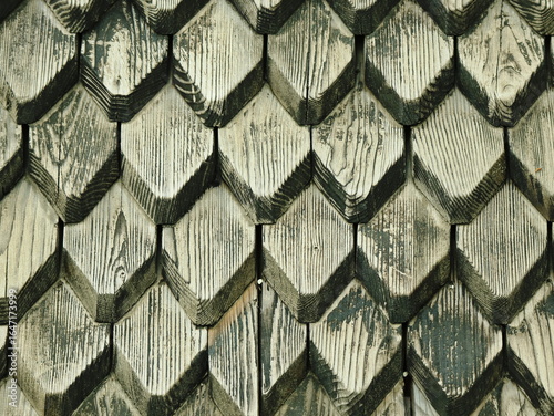 Close-Up Detail of Weathered Wood Shingle Construction