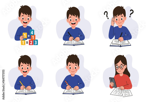 Cute Cartoon Boy and Girl Studying and Playing