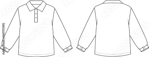 Long sleeve polo shirt technical flat sketch, front and back view, fashion CAD template, vector drawing for clothing design illustration