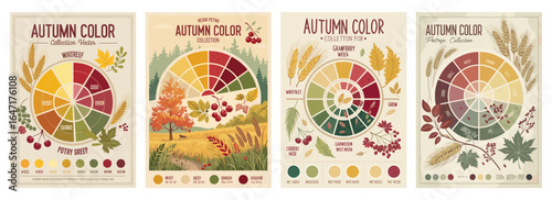 A collection of autumn color palettes showcasing vibrant hues and nature-inspired designs.