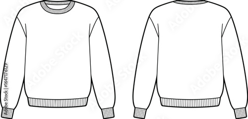 Crew neck sweatshirt technical flat sketch, front and back view, fashion design cad template, vector illustration for apparel design projects