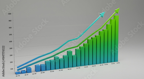 Rising Green Bar Graph with Blue Arrow Lines on Gray