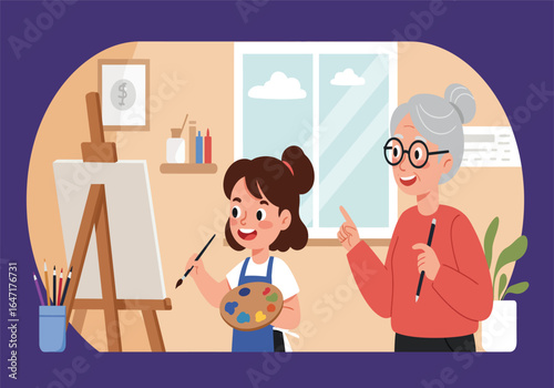 An elder woman guides a young girl in the joy of painting, a heartwarming scene of shared creativity and intergenerational artistic learning.