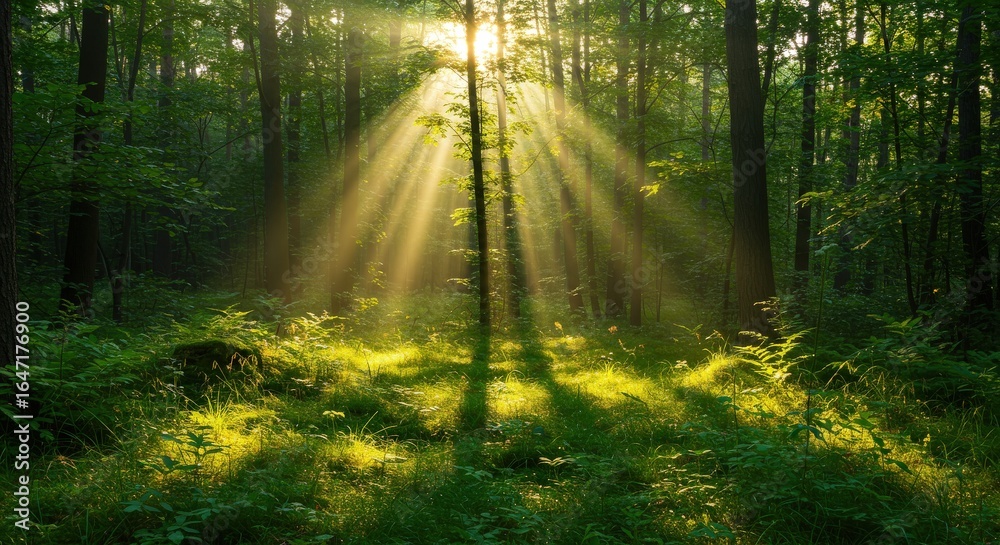 Naklejka premium Sunbeams Shining Through Forest Trees Nature Landscape Greenery.