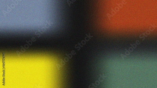 Abstract geometric composition featuring four distinct color blocks of yellow blue orange and green separated by a dark central cross shape with a subtle grainy texture