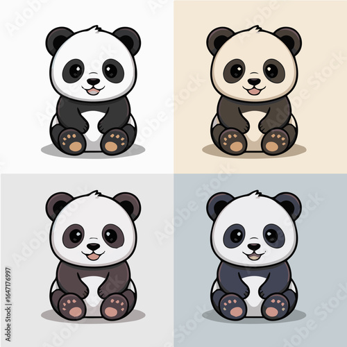 Four cartoon pandas sitting with different color schemes and backgrounds in a square layout