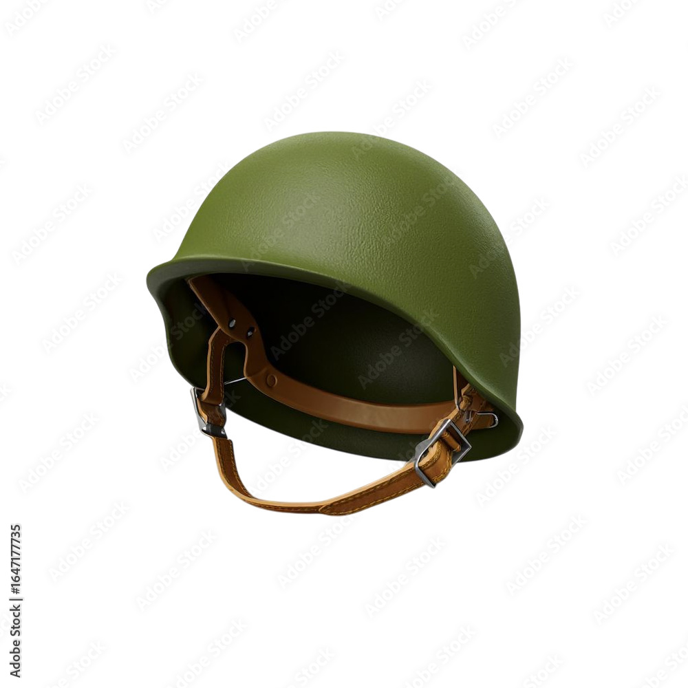 Naklejka premium Vintage olive drab military combat helmet with leather chin strap and liner isolated object transparent background