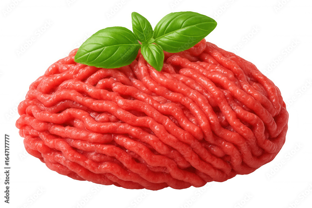 Obraz premium Fresh minced meat decorated with basil leaves, isolated on transparent background, ready for cooking