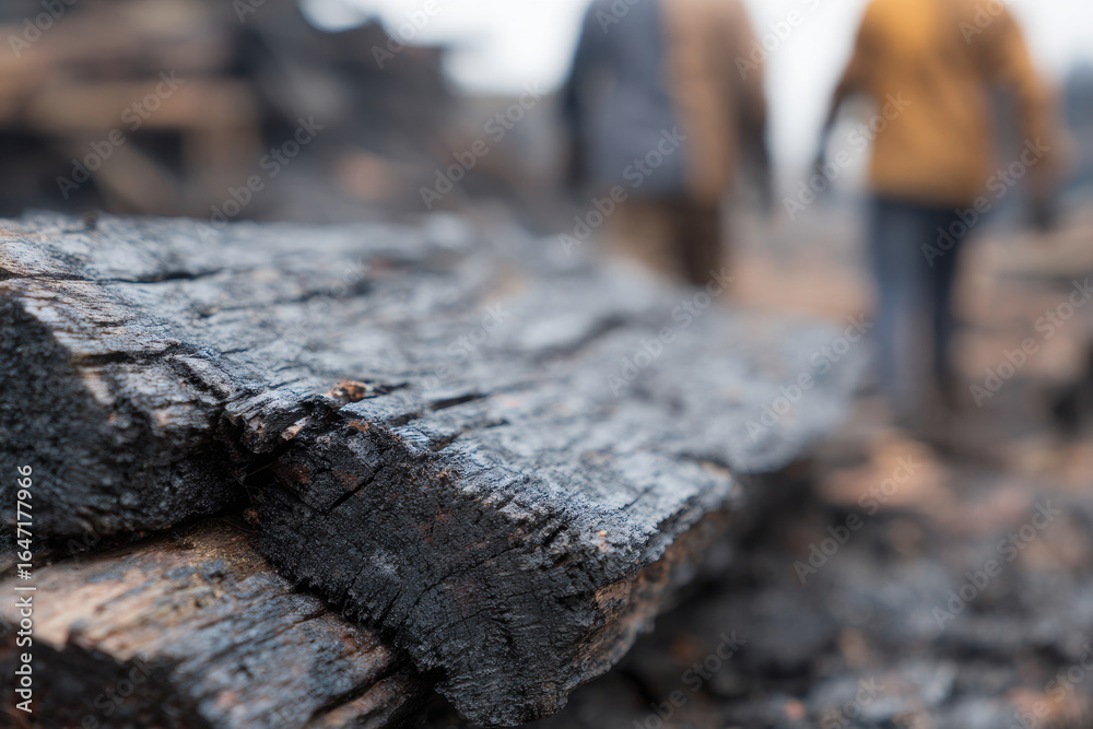 Naklejka premium Burnt wood close up with workers in background, creating rustic atmosphere