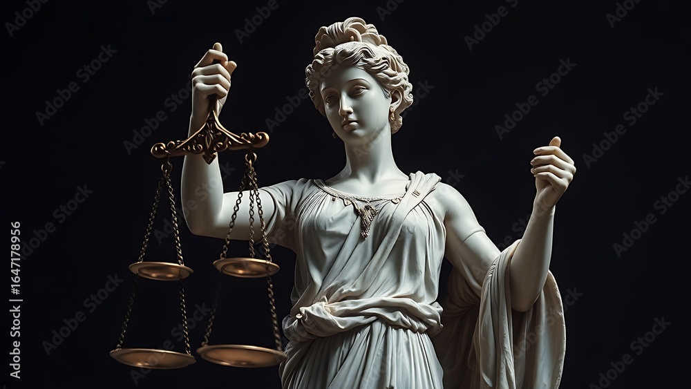 Obraz premium Classical marble statue representing justice, detailed with museum-style lighting for dramatic effect.