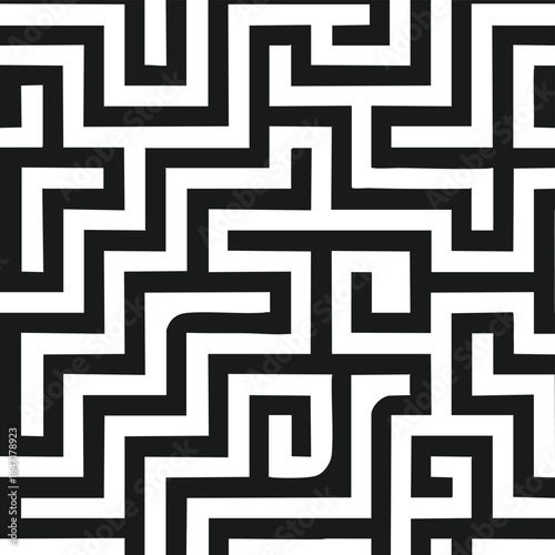 An intricate black and white geometric pattern forms a complex labyrinth, symbolizing challenges, pathways, and problem-solving in a modern design.