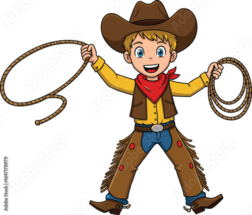 Cartoon cowboy boy with lasso rope, dressed in western outfit, happy kid character illustration, wild west theme, children’s rodeo fun vector clip art