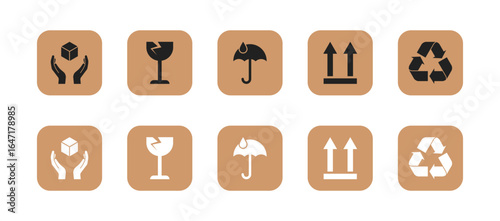 Packing icon set. Fragile, take care, keep dry and upward symbols. Vector EPS 10